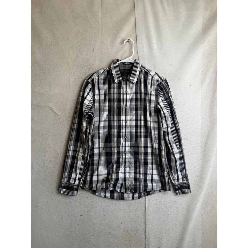 Michael Kors Mens Long Sleeve Button Down Shirt Black White Grey Plaid Cotton M